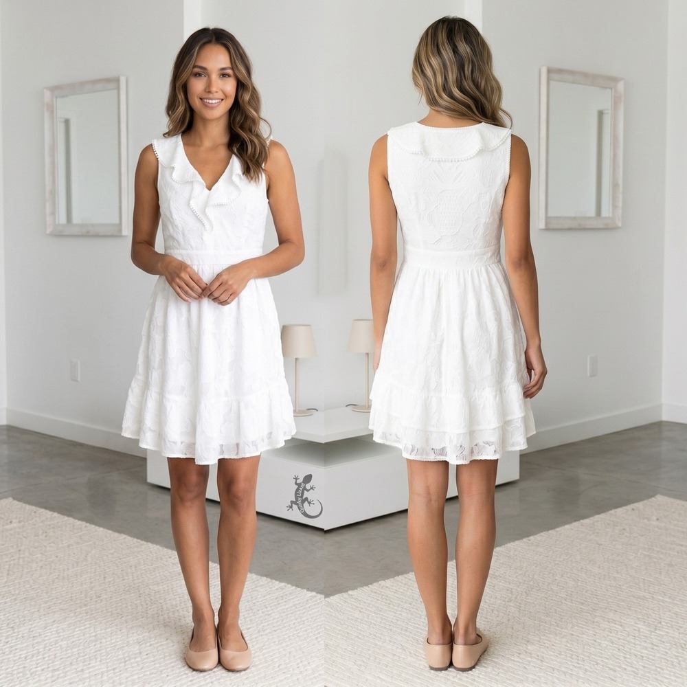 Julia‎ Jordan Dress Womens 8 White Lace A Line Ruffle Trim V Neck Sleeveless NWT